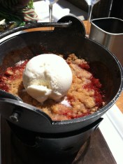 Served in hot caldron with rhubarb and plums.