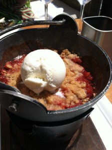 Served in hot caldron with rhubarb and plums.